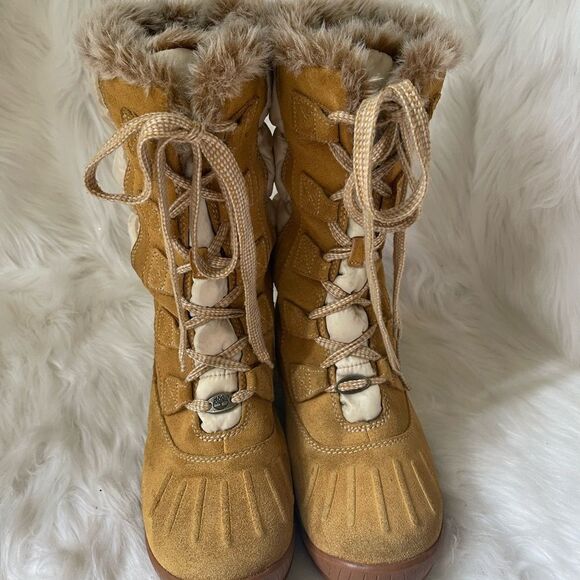 Timberland wheat leather suede &beige nylon lace up Mid calf boots  SZ8.5M - Picture 2 of 9